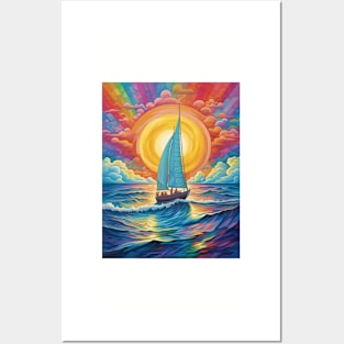 Sailing Boat at Sunset under the Rainbow Sky Posters and Art